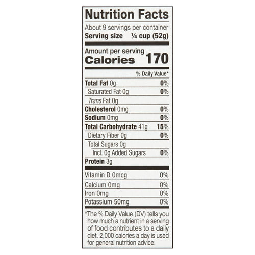 Nutrition facts label for a food product with serving size, calories, and nutritional content.
