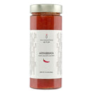 Jar of Arrabbiata tomato sauce with a white label on a white background