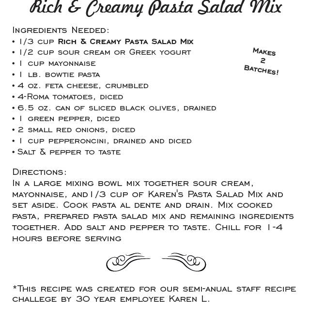 A recipe card for 'Rich & Creamy Pasta Salad Mix' showing ingredients and directions on a plain white background. The card mentions it makes 2 batches and is created for a semi-annual staff recipe challenge by Karen L.