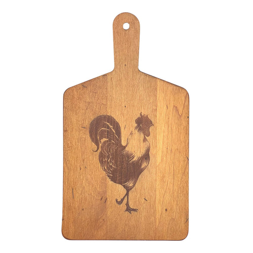 Wooden cutting board with a rooster design on a white background