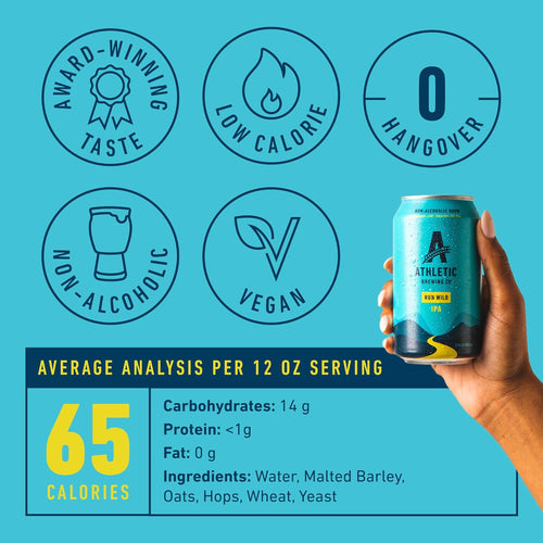 Hand holding a can of non-alcoholic beer with nutritional information on a blue background