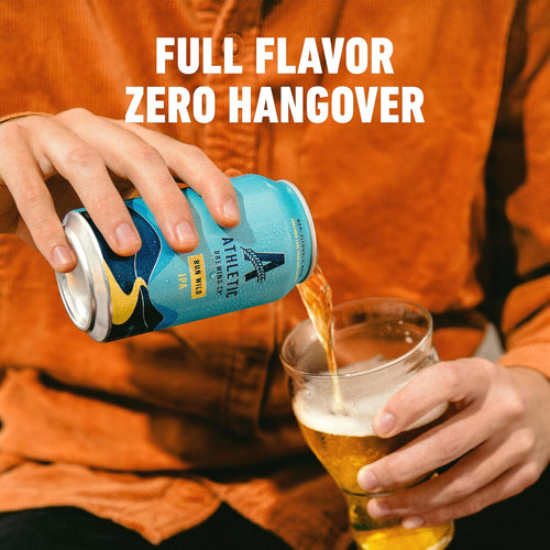 Person pouring beer from a can into a glass with text 'Full Flavor Zero Hangover' on an orange background.
