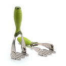 Set of avocado mashers with green handles on a white background.