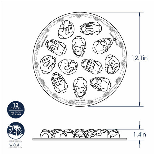 Diagram of a bunny cake mold with dimensions and features on a white background
