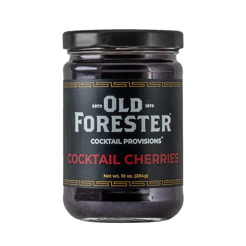Jar of Old Forester cocktail cherries on a white background
