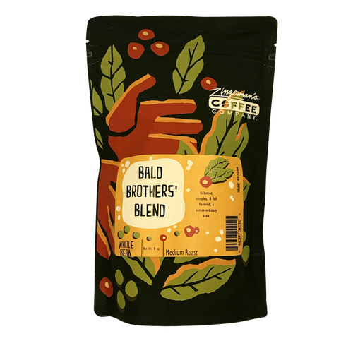 A package of Bald Brothers' Blend coffee from Zingerman's Coffee Company with illustrations of coffee beans and leaves on the front.