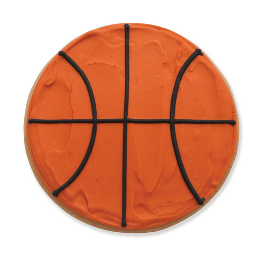 Cookie shaped like a basketball with orange surface and black lines on a white background