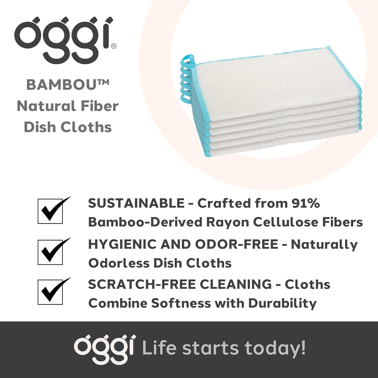 An informational graphic about Oggi Bambou dish cloths mentioning details about how they are sustainable, hygenic, odor-free, and have scratch-free cleaning.