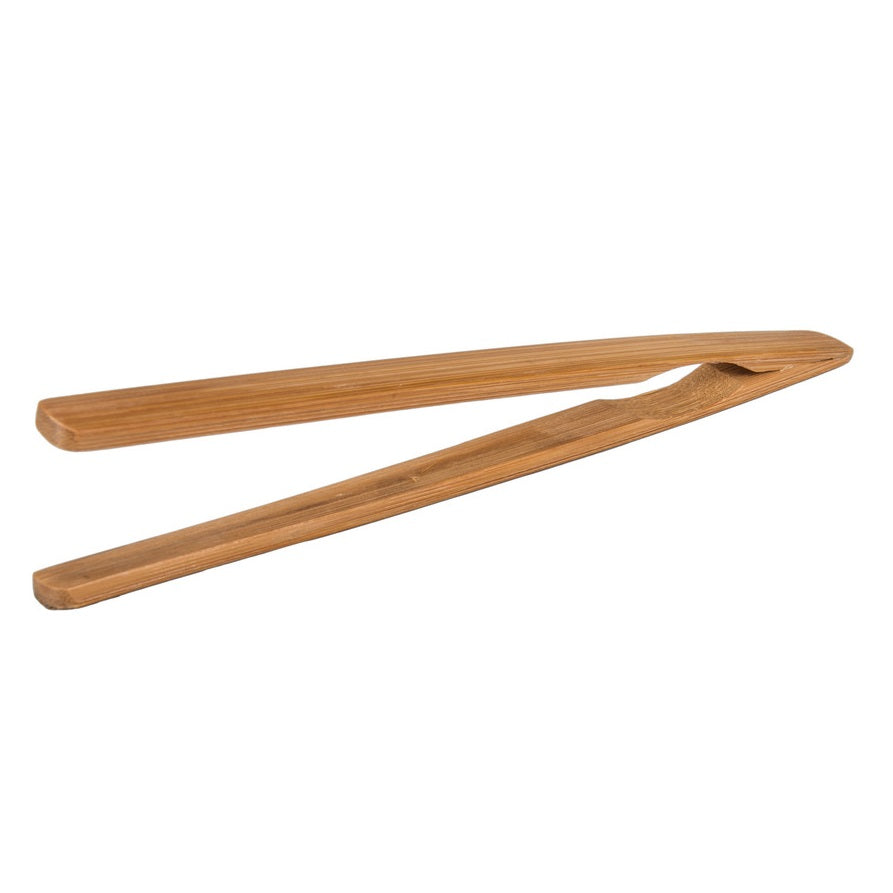 A pair of mini bamboo tongs with a smooth finish.
