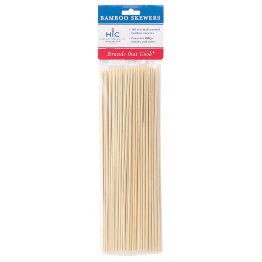 Package of HIC's Bamboo Skewers, 10 inches long, displayed against a white background with packaging.