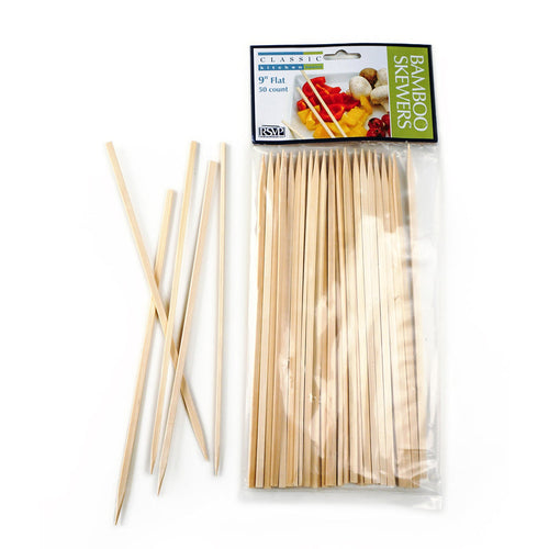 A pack of natural bamboo skewers displayed in front of its packaging which shows a picture of the skewers with food on them.