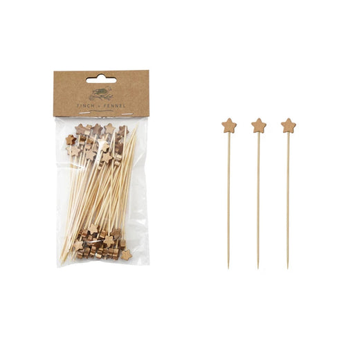 Packaged wooden skewers with star-shaped tips on a white background