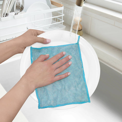 Person using a blue cloth to wash a white plate in a kitchen setting.