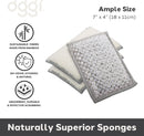 Three sponges with text highlighting features and size on a white background