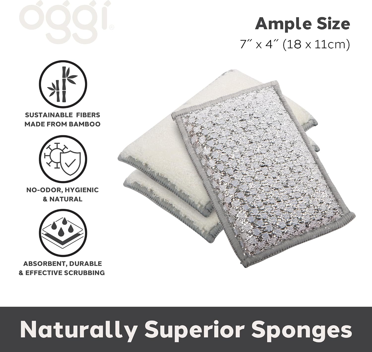 Three sponges with text highlighting features and size on a white background