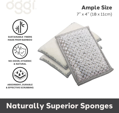 Three sponges with text highlighting features and size on a white background
