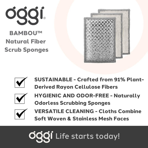 Three Oggi scrub sponges with informational text on a white background.