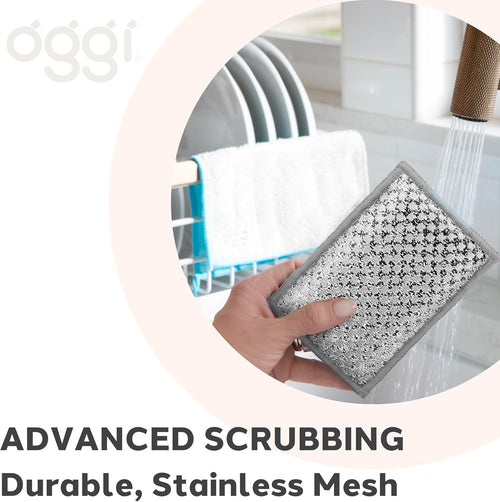 Hand holding a scrubber with stainless mesh, with 'Oggi' brand name and text about advanced scrubbing.