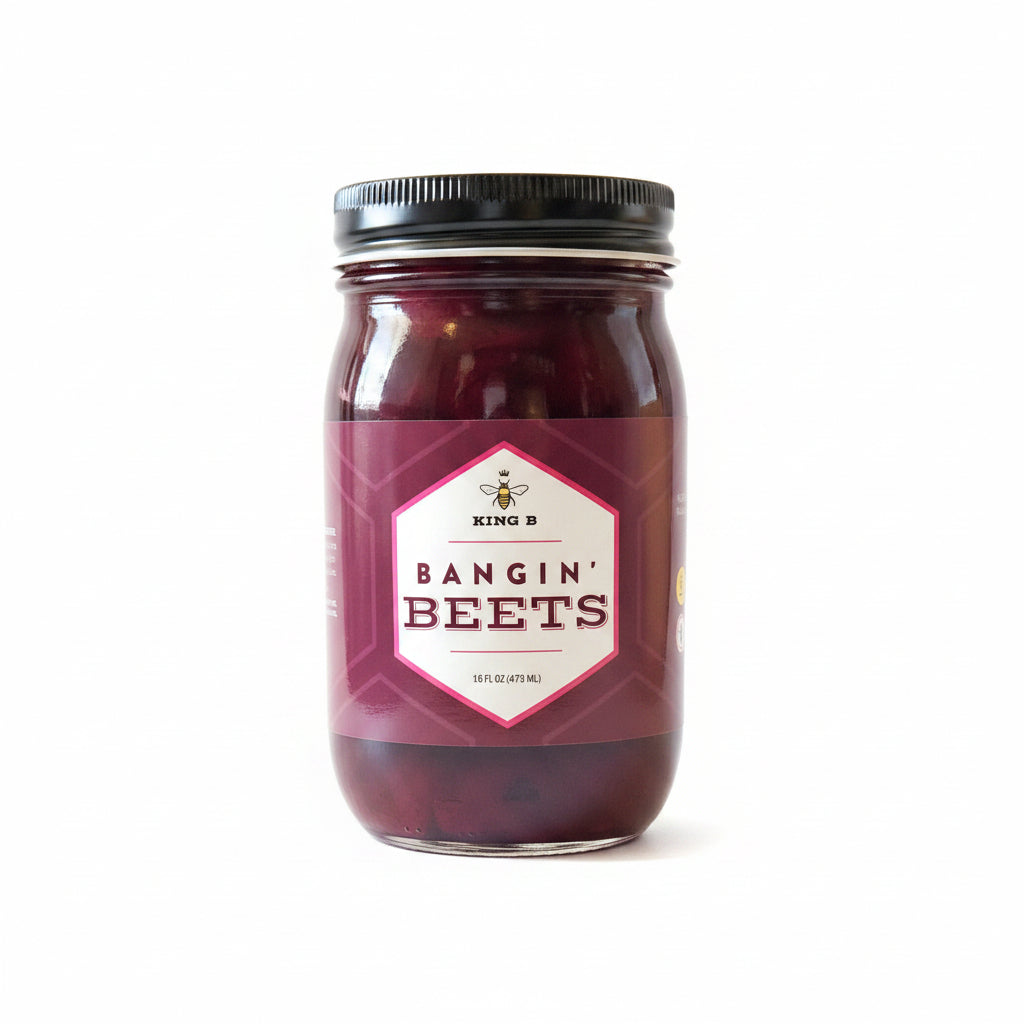 Jar of 'Bangin' Beets' with a red label on a beige background