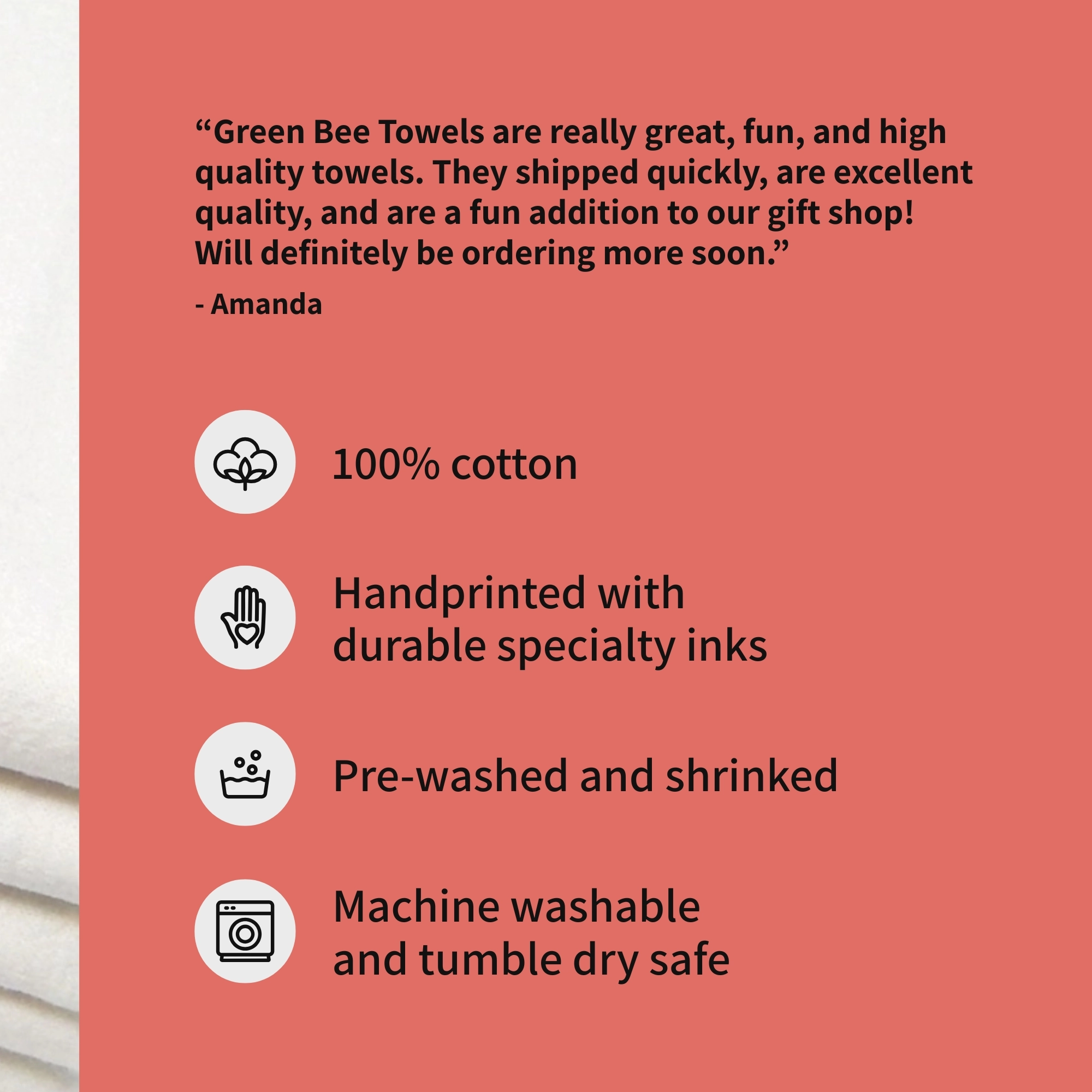 Product description card for Green Bee Towels with customer review and features on a red background.