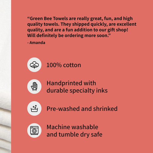 Product description card for Green Bee Towels with customer review and features on a red background.