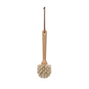 A beech wood dish brush with a leather strap, featuring white bristles and a long handle.