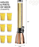 A beer and beverage tower with a copper base and example showing it can hold six pints of beer.