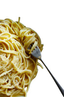 Pasta on a fork on a white background
