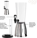 A beverage dispenser with different elements of it pointed out, such as the pouring spigot and ice tube.