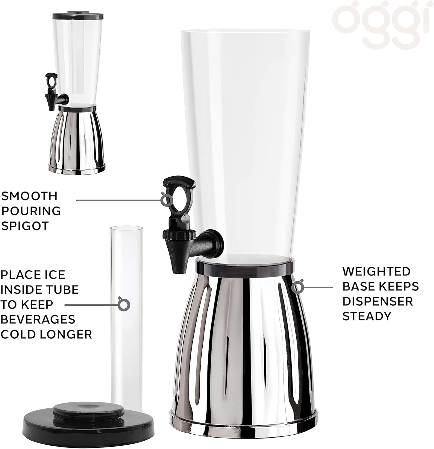 A beverage dispenser with different elements of it pointed out, such as the pouring spigot and ice tube.