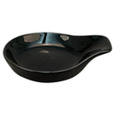 A black porcelain appetizer plate or spoon rest with a smooth surface and no patterns.