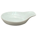 A white porcelain appetizer plate or spoon rest with a smooth surface and no patterns.