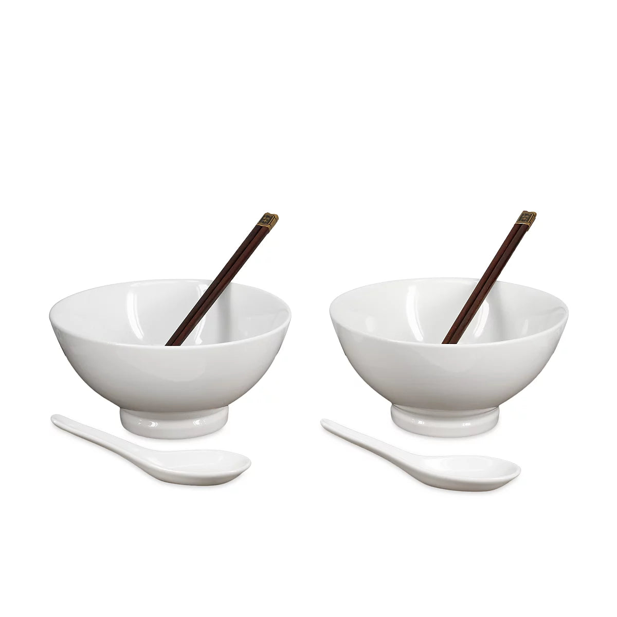 Two white ceramic bowls with matching white spoons and dark brown chopsticks, arranged symmetrically on a plain white background.