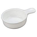 A white porcelain bowl with a built-in handle, designed for serving snacks.