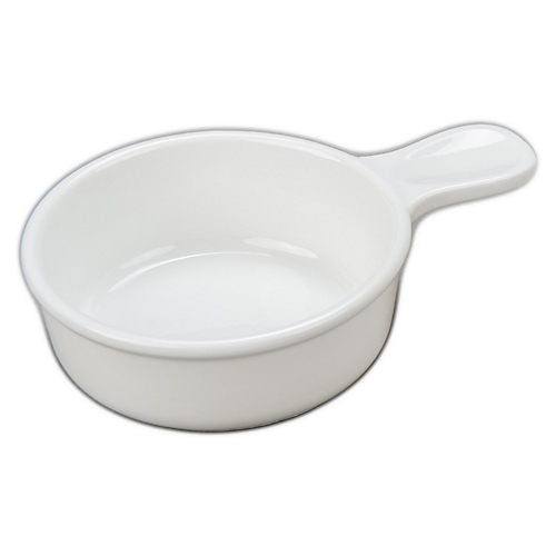 A white porcelain bowl with a built-in handle, designed for serving snacks.