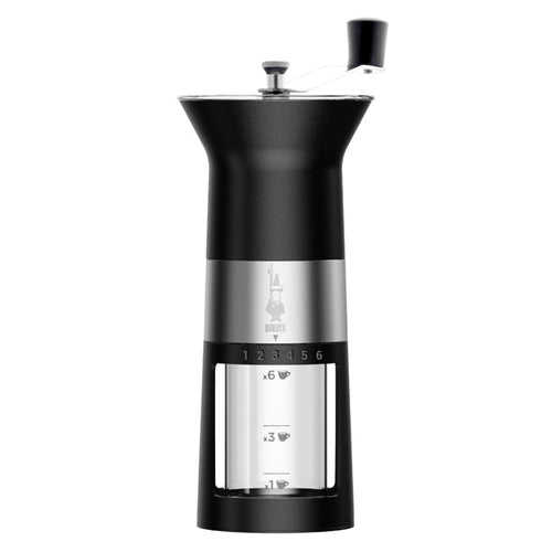 Black and silver coffee grinder on a white background