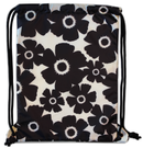 A black and white floral pattern backpack with thick drawstrings and a side zipper pocket.
