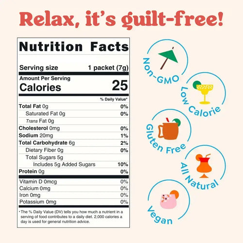 Nutrition facts label with health benefits icons on a white background