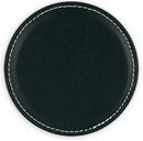 Black circular coaster with white stitching on a white background