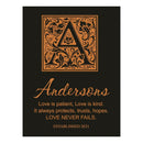 Decorative plaque with ornate letter 'A' and personalized text on a black background