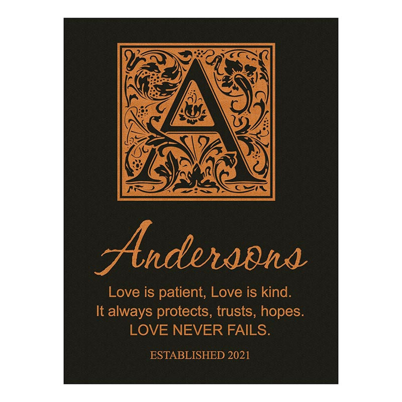 Decorative plaque with ornate letter 'A' and personalized text on a black background