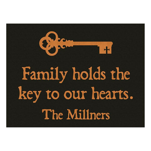 Decorative sign with a key symbol and text on a black background