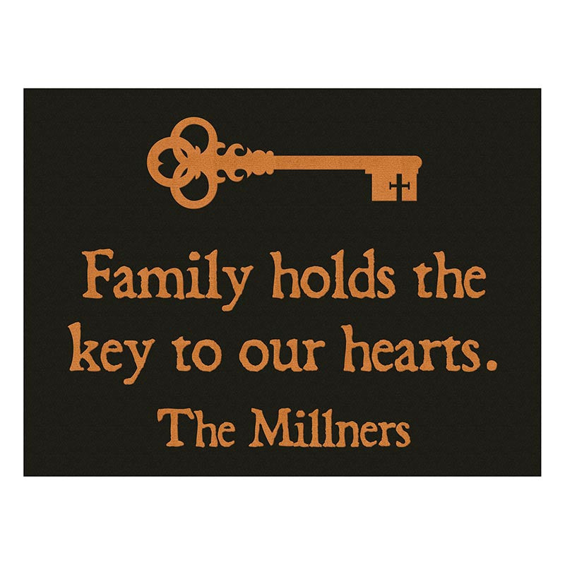 Decorative sign with a key symbol and text on a black background