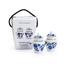 Set of two blue and white ginger jars with decorative lids, displayed in front of a branded box.