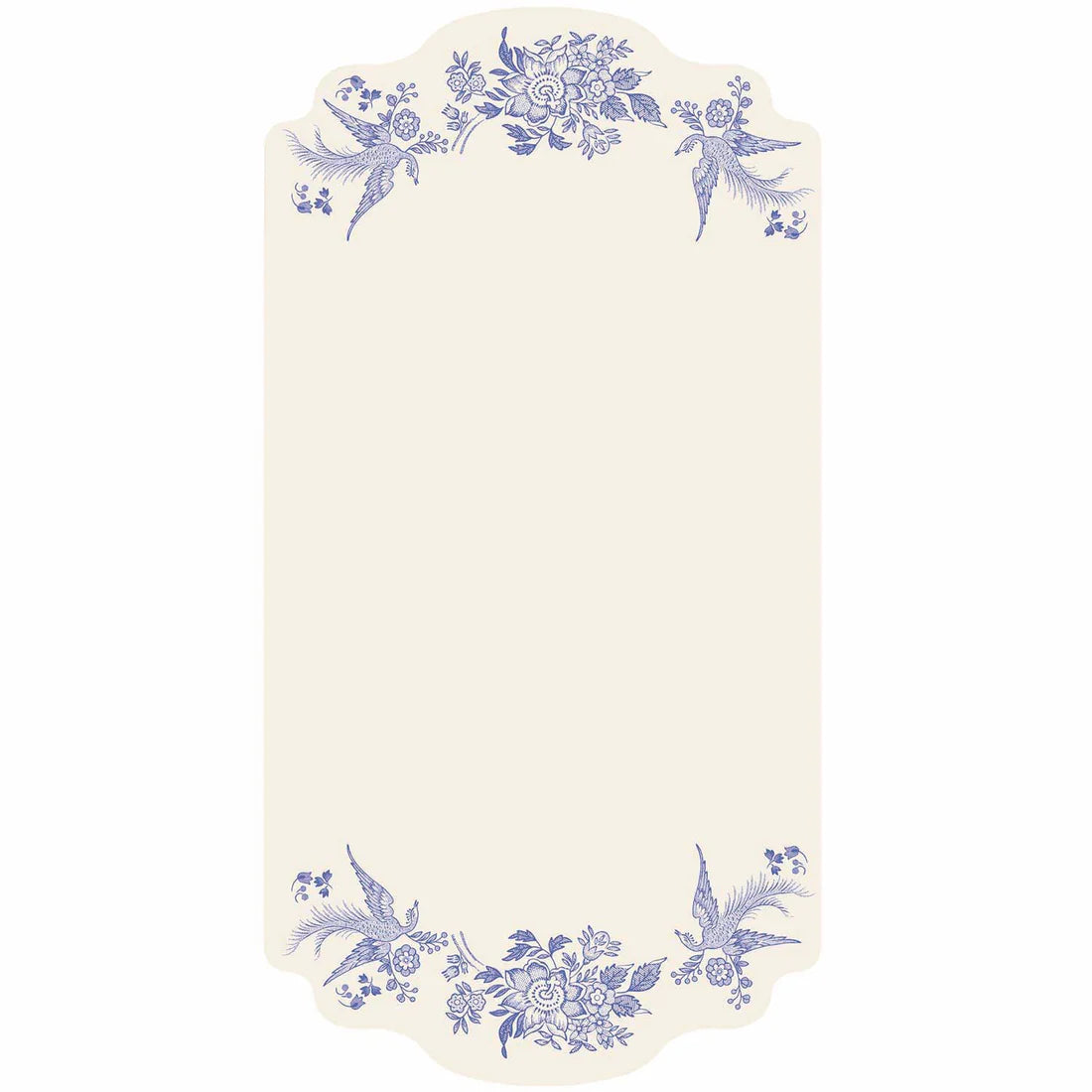 Decorative table card with blue floral and bird patterns on a white background