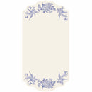Decorative table card with blue floral and bird patterns on a white background