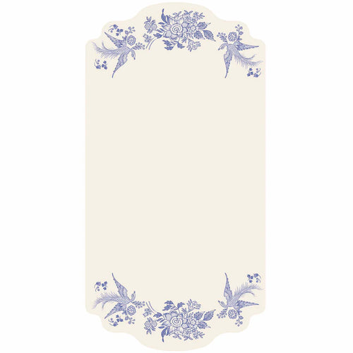 Decorative table card with blue floral and bird patterns on a white background