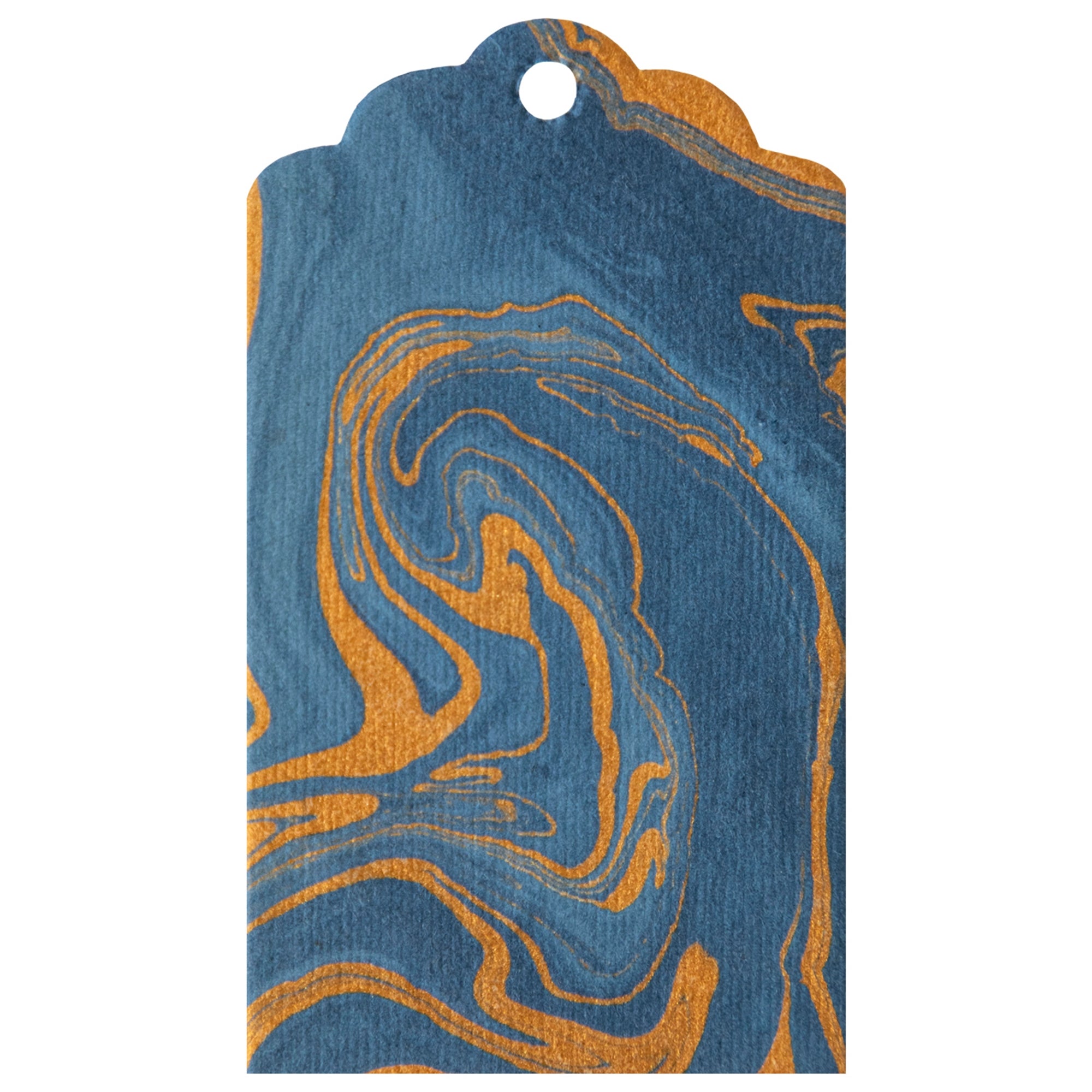 A blue and gold marbled tag.