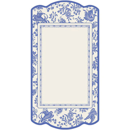 A rectangular blue and white floral patterned table card with a peacock design.