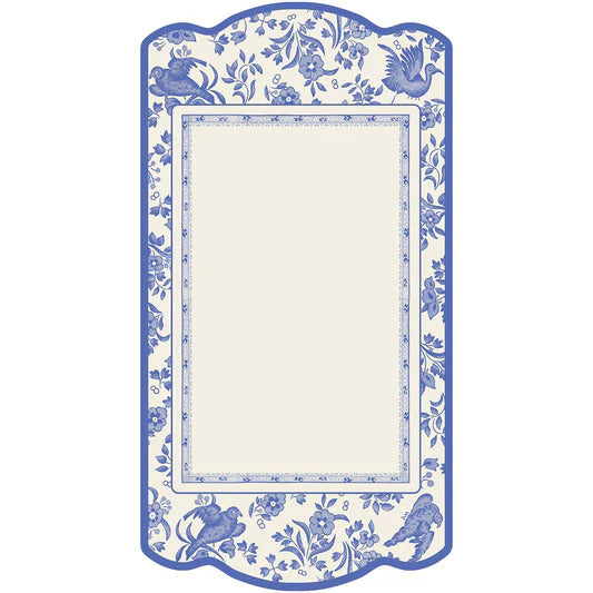 A rectangular blue and white floral patterned table card with a peacock design.
